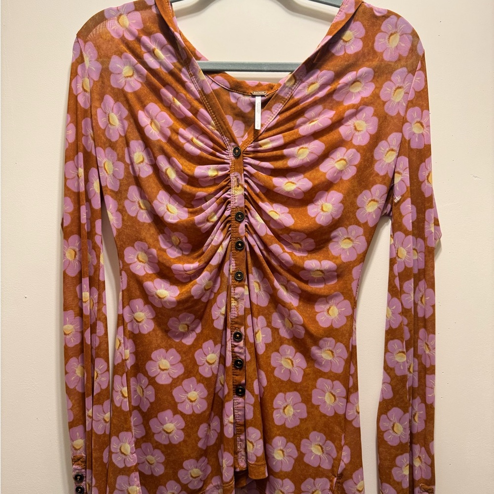 Free People Floral Ruched Blouse - Orange and Pink